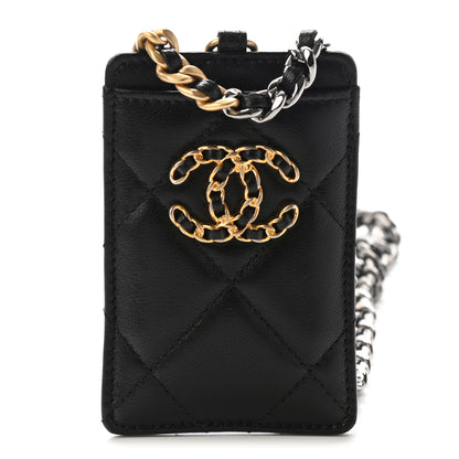 Chanel Shiny Goatskin Quilted Chanel 19 Card Holder On Chain Black 1 of 9