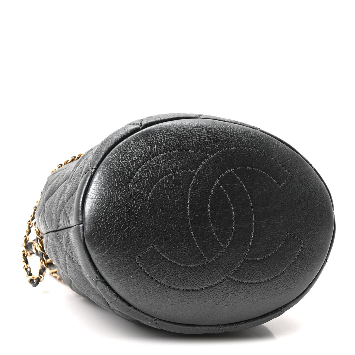 Metallic Lambskin Quilted Pearl Crown Drawstring Bag Anthracite