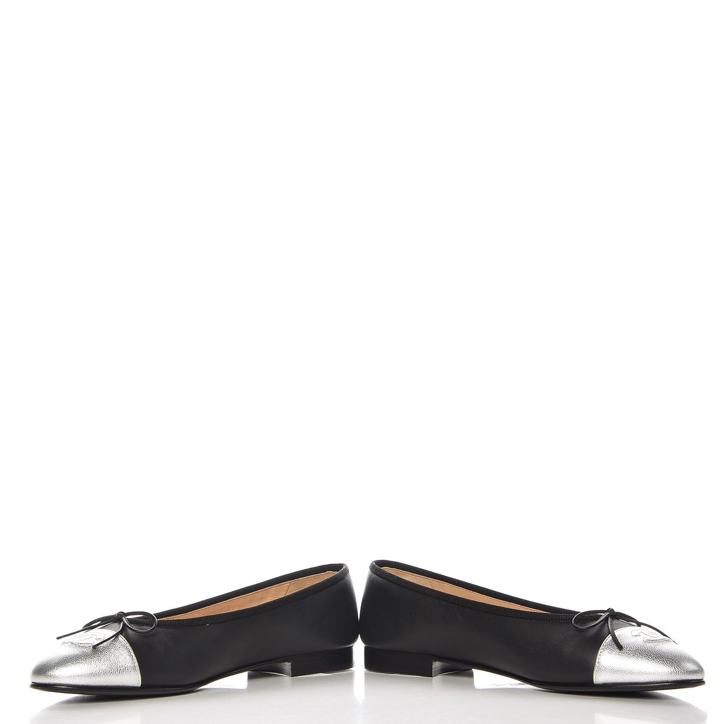 Calfskin Metallic Goatskin CC Cap Toe Ballerina Flats 39 Black Silver