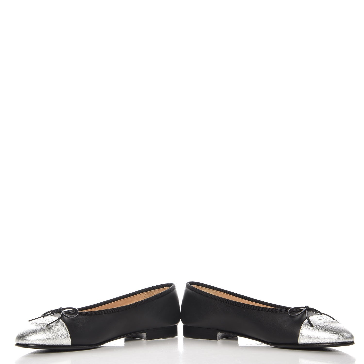 Chanel Calfskin Metallic Goatskin CC Cap Toe Ballerina Flats 39 Black Silver 6 of 11