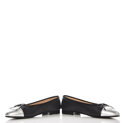 Chanel Calfskin Metallic Goatskin CC Cap Toe Ballerina Flats 39 Black Silver 6 of 11