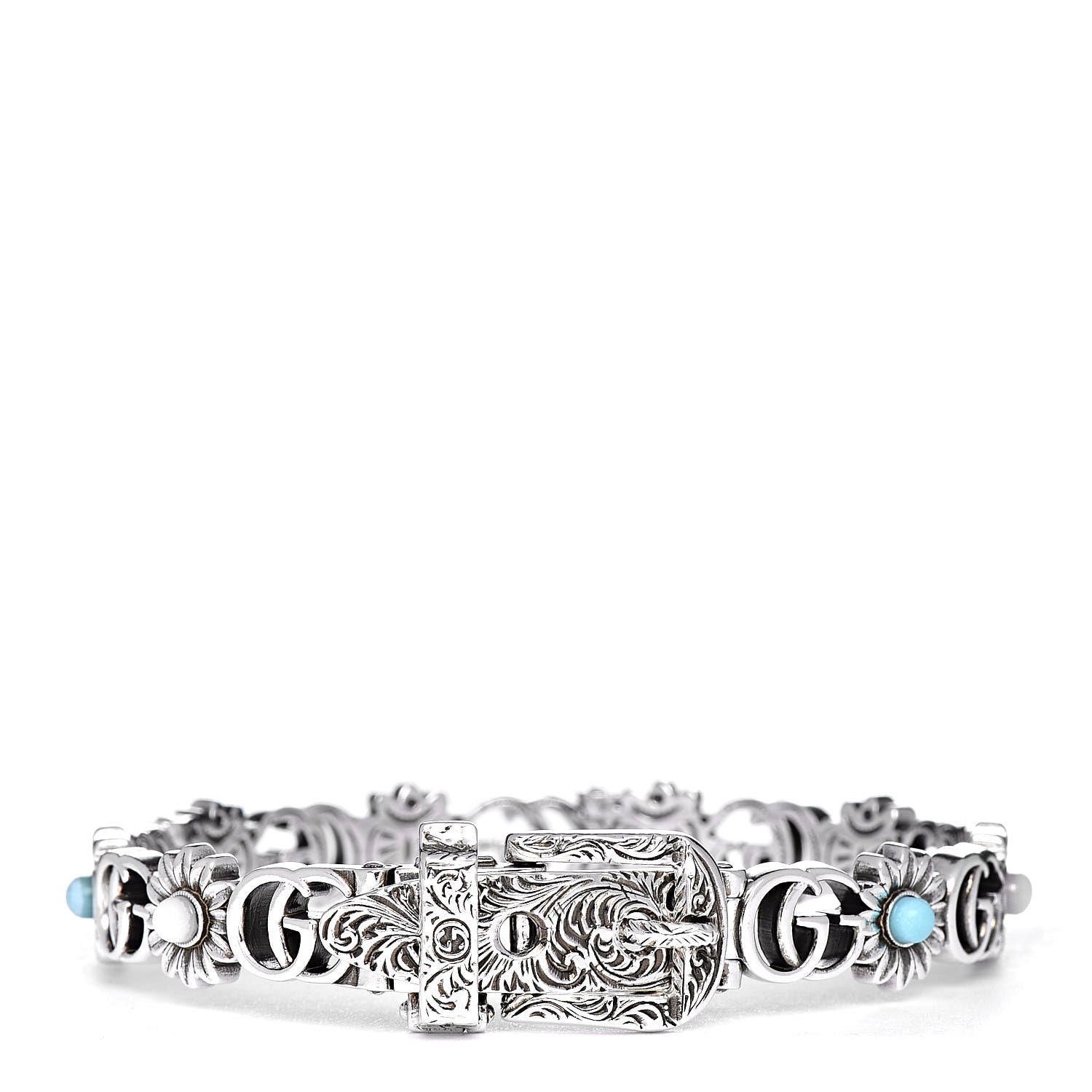 Gucci Sterling Silver Blue Topaz Mother of Pearl Turquoise Resin Double G Flower Bracelet 1 of 4