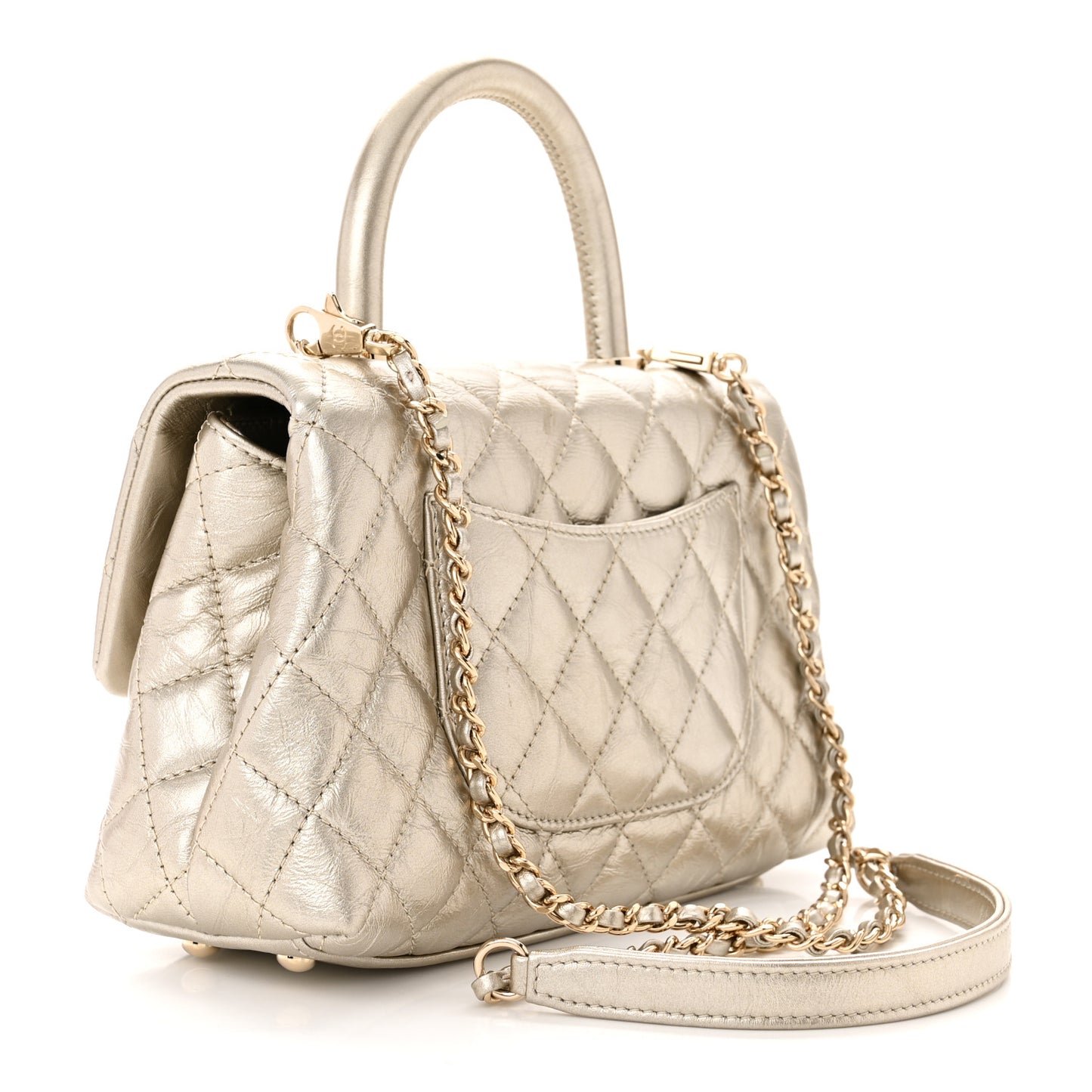 Metallic Aged Calfskin Quilted Mini Coco Handle Flap Gold