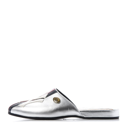 Gucci X MLB Metallic Lambskin NY Yankees Embroidered Womens GG Slippers 36.5 Silver 1 of 9