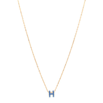 Hermes Lacquered Gold Mini Pop H Pendant Necklace Bleu Sature 1 of 7