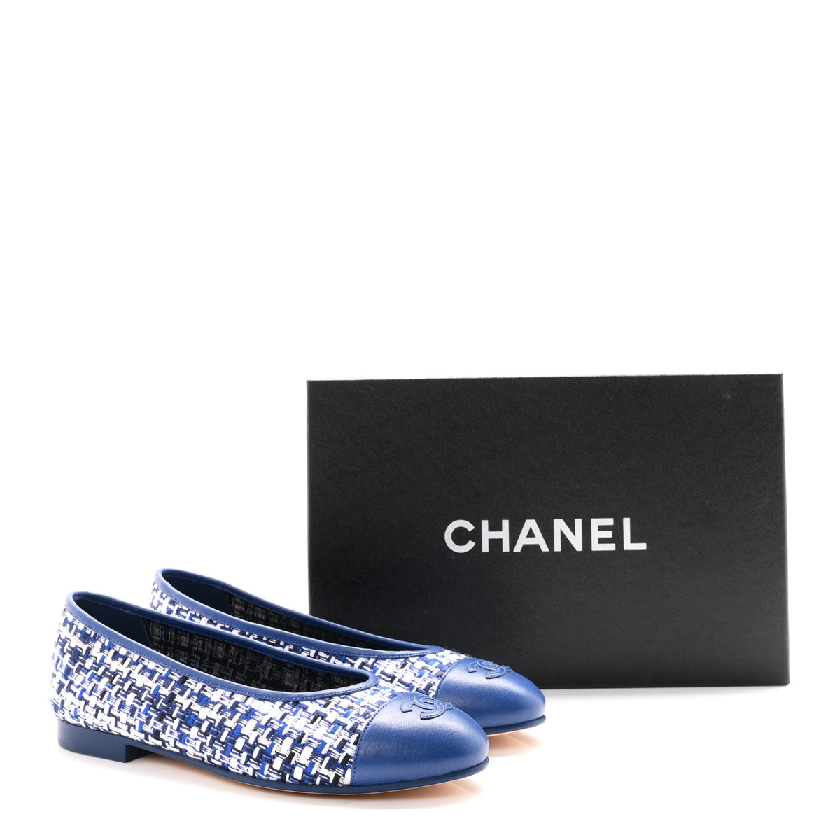 Tweed Lambskin CC Cap Toe Ballerina Flats 37.5 White Blue