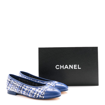 Chanel Tweed Lambskin CC Cap Toe Ballerina Flats 37.5 White Blue 9 of 9