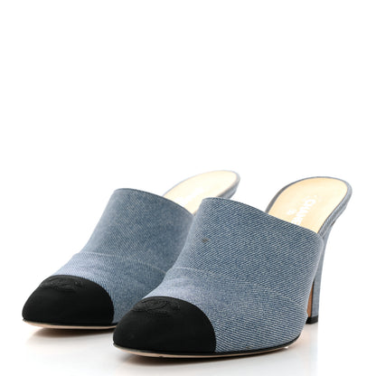 Chanel Printed Lambskin Grosgrain Cap Toe CC Mules 39 Blue Black 3 of 9