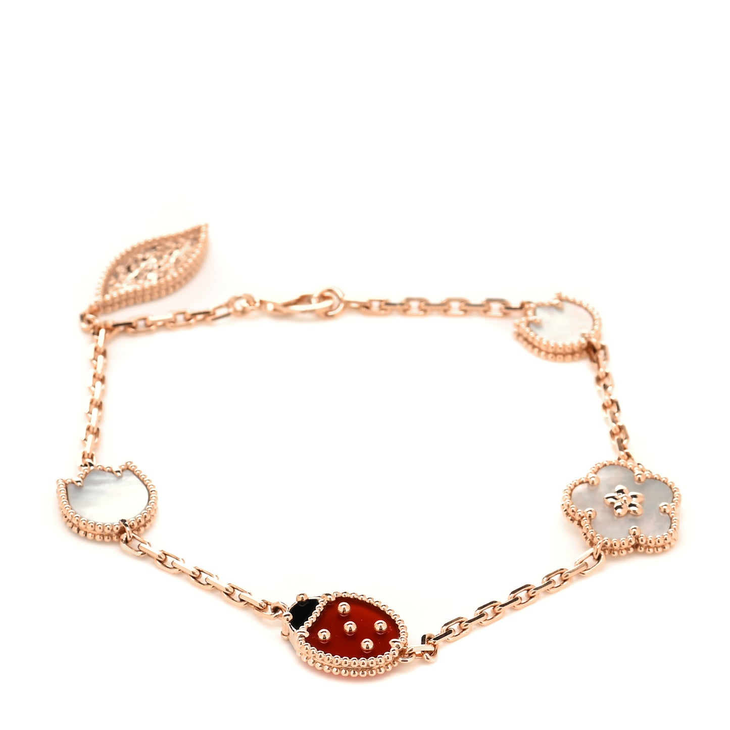 18K Rose Gold Carnelian Mother of Pearl Onyx 5 Motifs Lucky Spring Bracelet