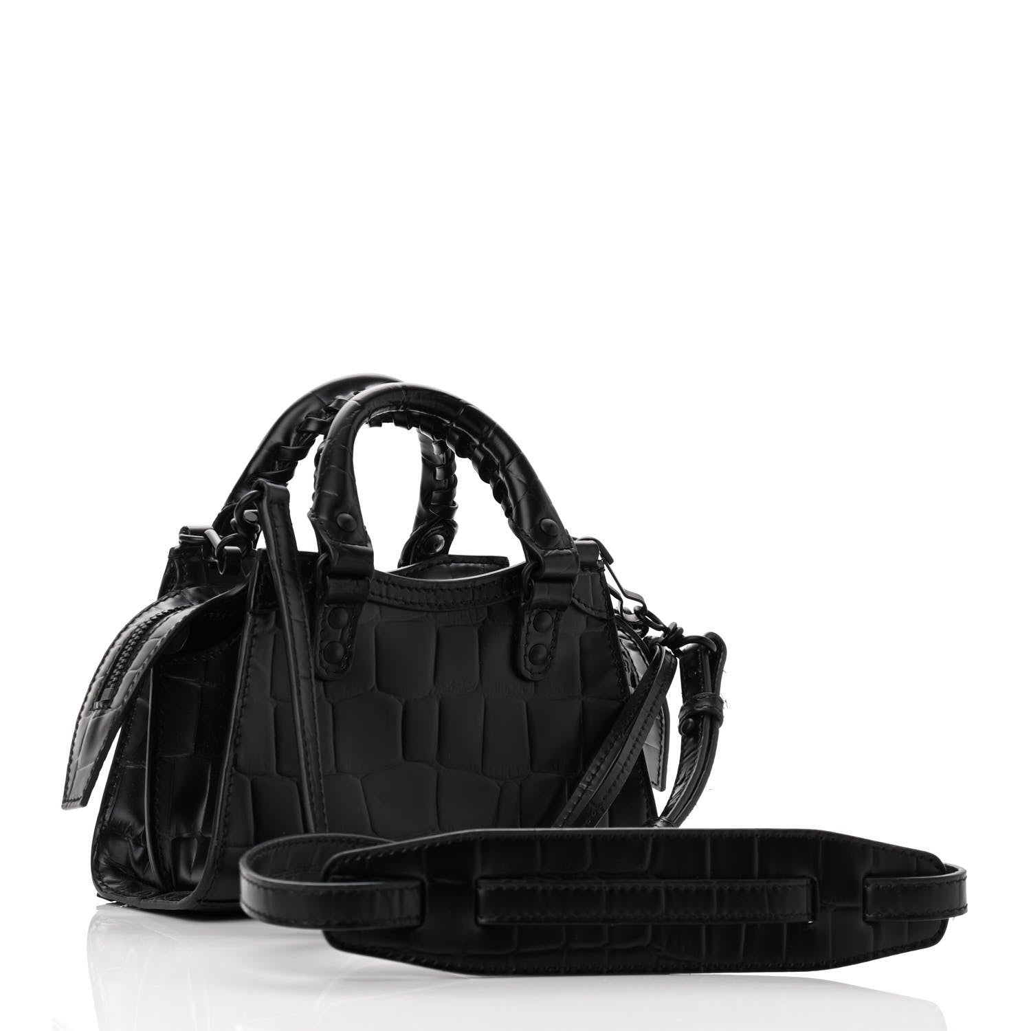 Balenciaga Semi Shiny Calfskin Crocodile Embossed Neo Classic Black Hardware Nano City Crossbody Black 3 of 8