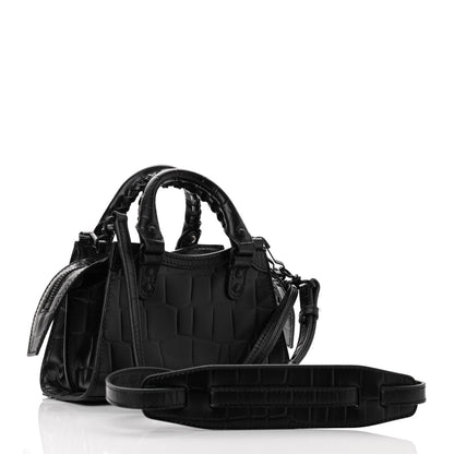 Balenciaga Semi Shiny Calfskin Crocodile Embossed Neo Classic Black Hardware Nano City Crossbody Black 3 of 8
