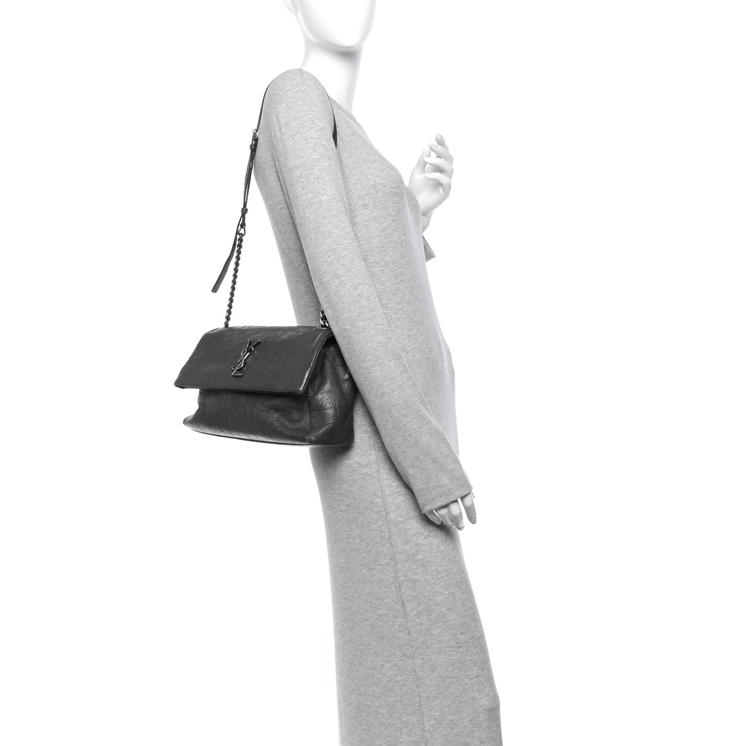 Saint Laurent Calfskin Crocodile Embossed Medium West Hollywood Monogram Fold-Over Grey 2 of 12
