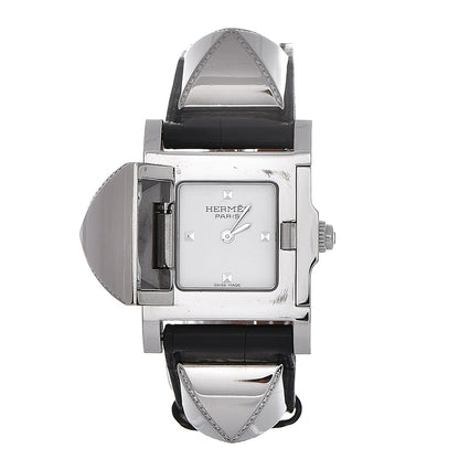 Hermes Stainless Steel Alligator Diamond 23mm Medor Quartz Watch Noir 1 of 9