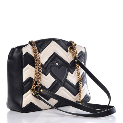 Gucci Calfskin Matelasse Medium GG Marmont Open Top Shoulder Bag Black White 3 of 9
