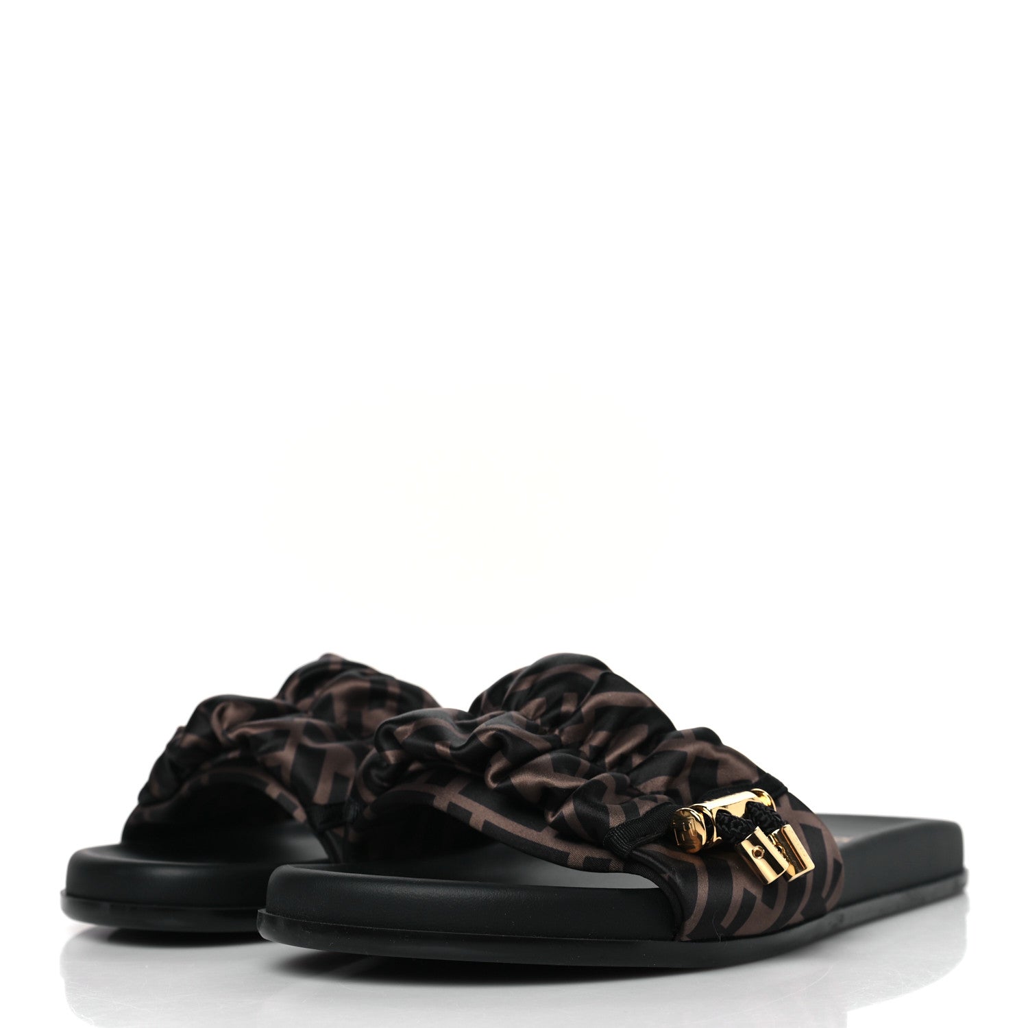 Fendi Satin FF Fendi Feel Slide Sandals 39 Tobacco Black 5 of 21