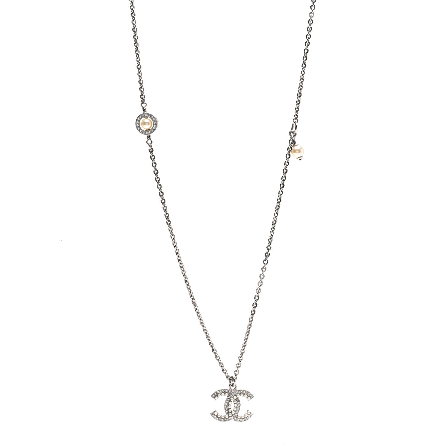 Chanel Crystal Pearl CC Pendant Necklace Silver 1 of 7