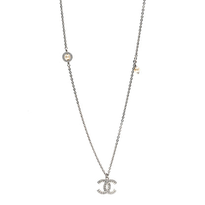 Chanel Crystal Pearl CC Pendant Necklace Silver 1 of 7