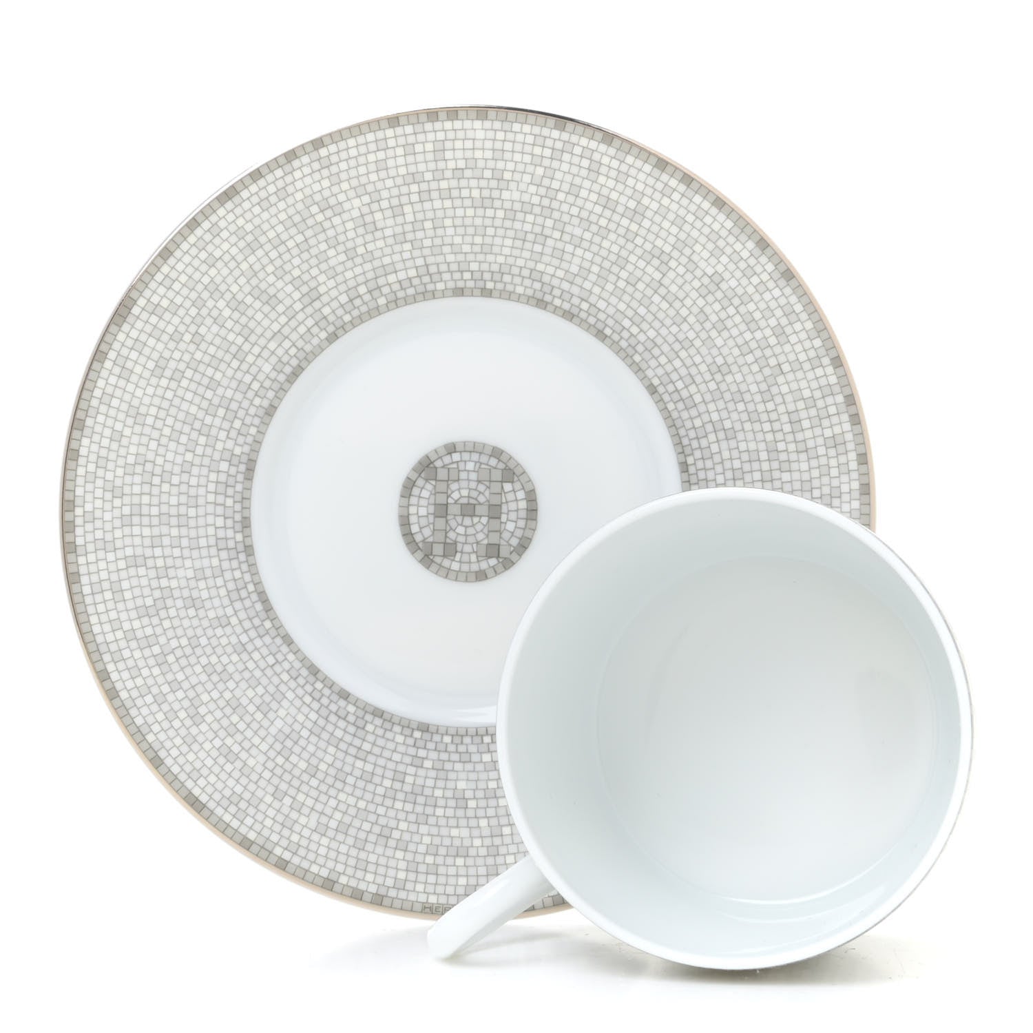 Hermes Porcelain Mosaique Au 24 Platine Tea Cup And Saucer Set Of 2 Platinum 3 of 9
