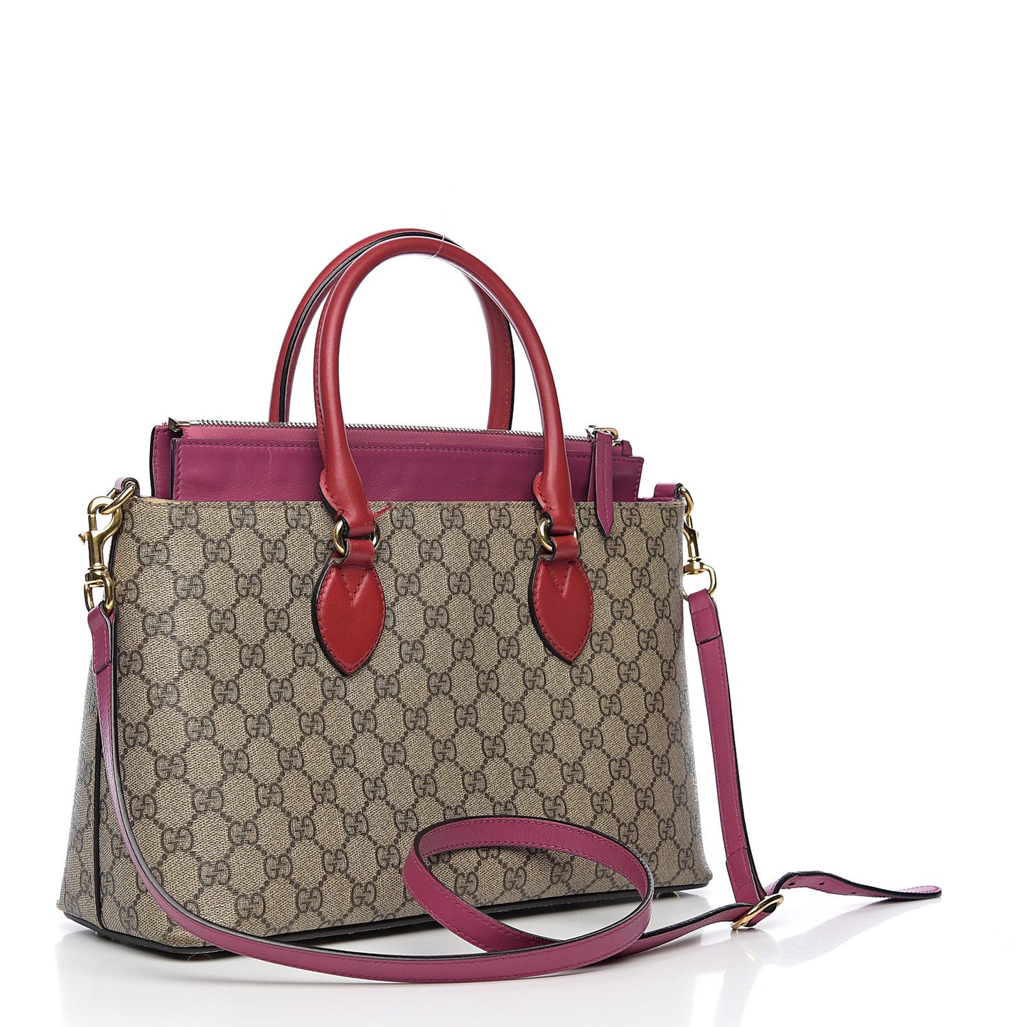 GG Supreme Monogram Moon Calfskin Small Zip Top Tote Beige Ebony Hibiscus Red New Rosette