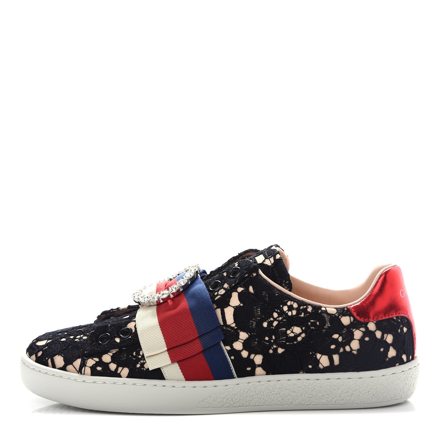 Gucci Lace Crystal Sylvie Web Flower Leaf Womens Ace Sneakers 35.5 Black Tan Beige 1 of 11