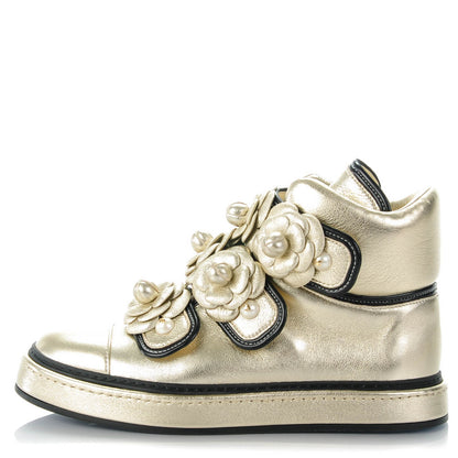 Chanel Metallic Lambskin Pearl Camellia High Top Sneakers 37.5 Gold 1 of 8
