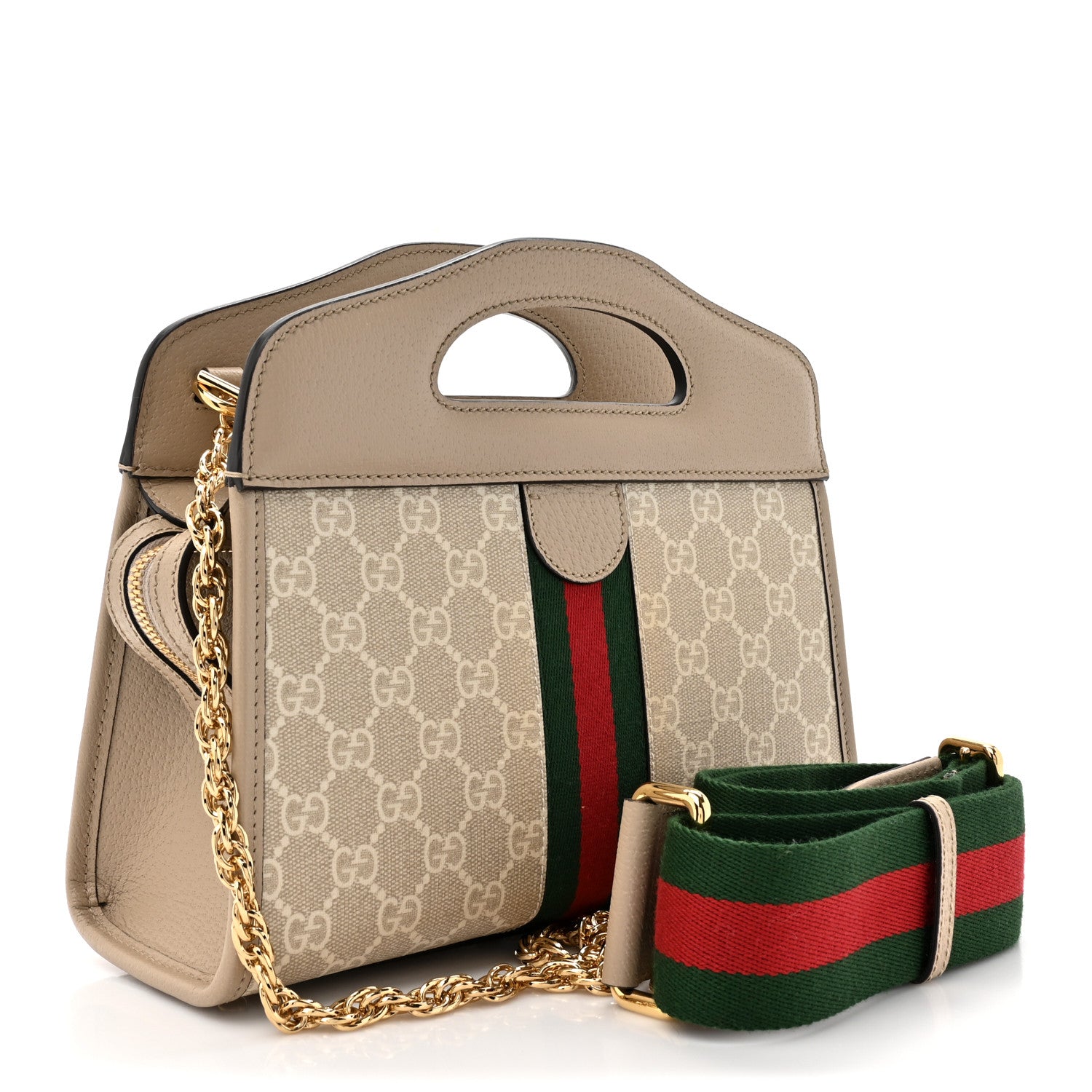 Gucci GG Supreme Monogram Textured Dollar Calfskin Web Small Ophidia Slip Handle Tote Beige Mystic White Oatmeal 3 of 11