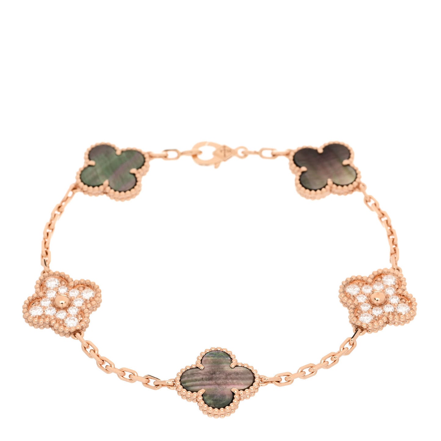 18K Rose Gold Diamond Gray Mother of Pearl 5 Motifs Vintage Alhambra Bracelet
