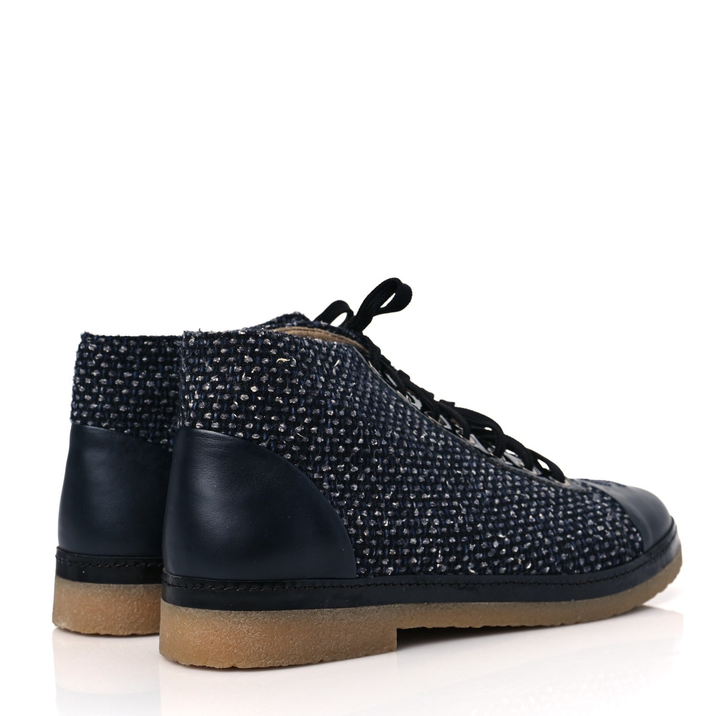 Tweed Calfskin Patent CC Lace Up Short Boots 42 Black Grey Dark Navy