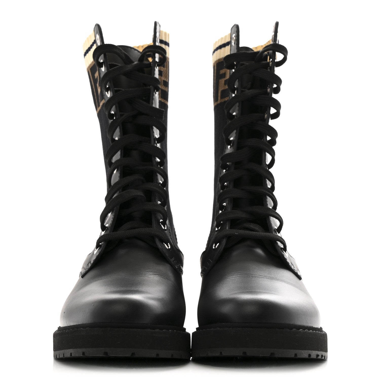 Fendi Calfskin Stretch Fabric Rockoko Biker Boots 40 Tobacco Black