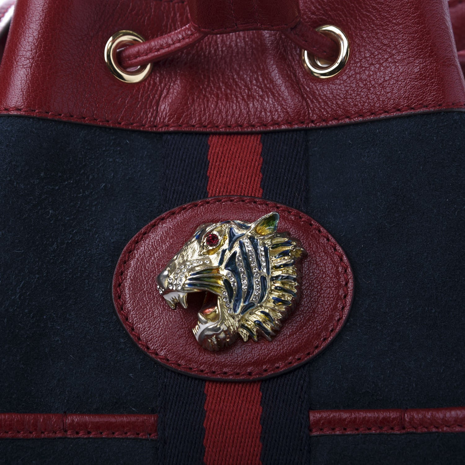 Gucci Suede Calfskin Web Medium Rajah Bucket Bag New Blue Romantic Cherry 11 of 11