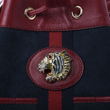 Gucci Suede Calfskin Web Medium Rajah Bucket Bag New Blue Romantic Cherry 11 of 11