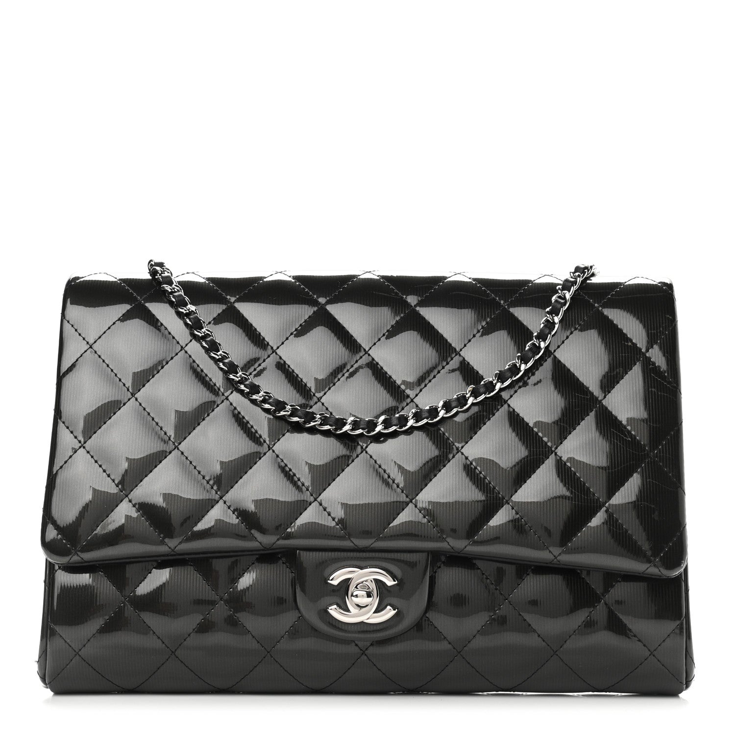 Chanel Striated Patent Quilted Clutch With Chain Flap Dark Grey 1 of 9