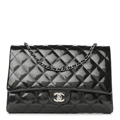Chanel Striated Patent Quilted Clutch With Chain Flap Dark Grey 1 of 9
