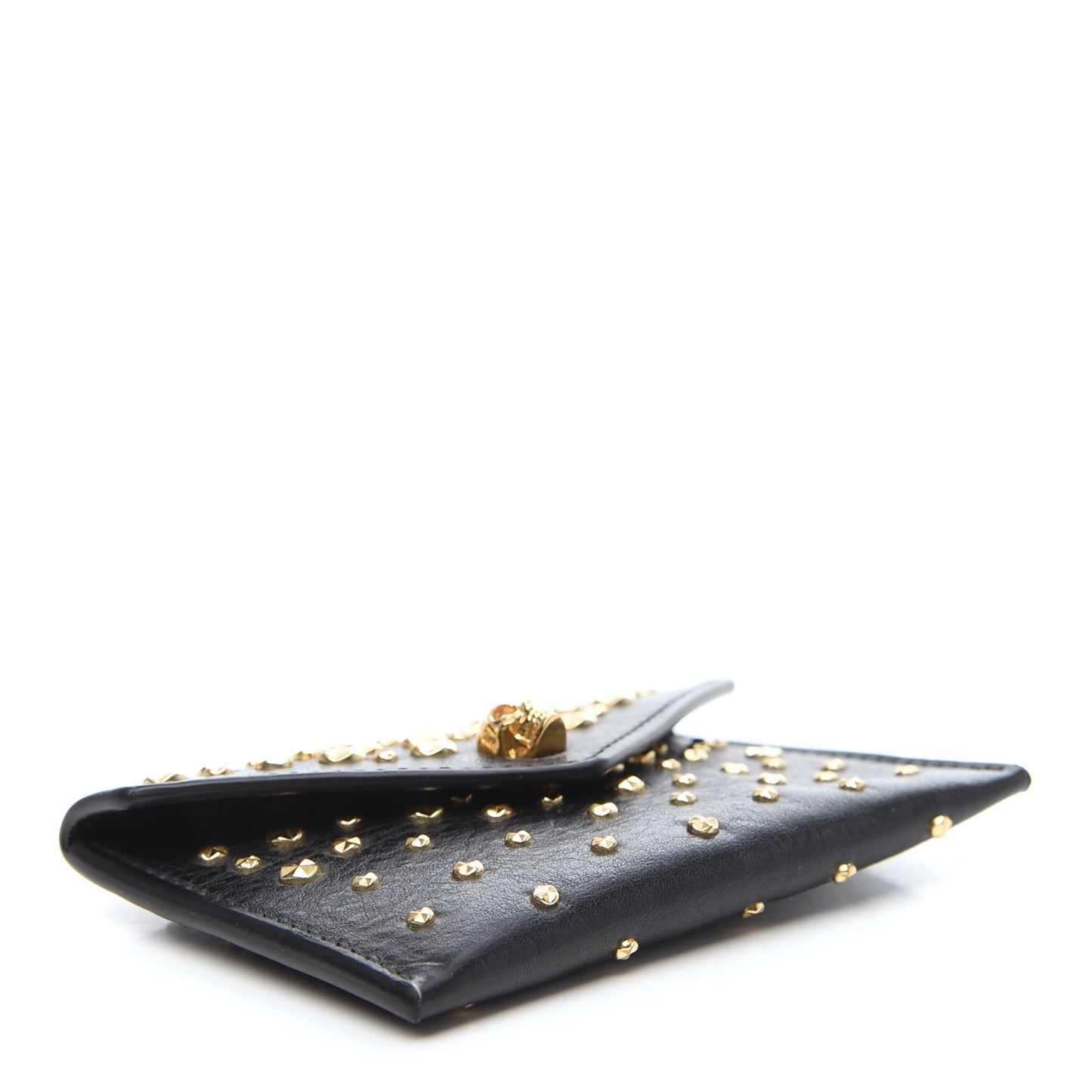 Calfskin Studded Skull Envelope Card Holder Black