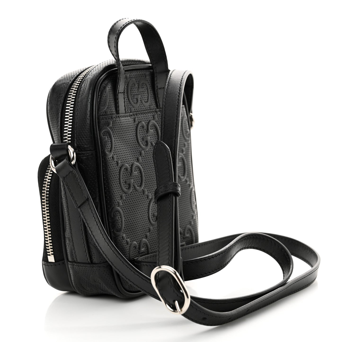 Calfskin GG Tennis Embossed Mini Double Zip Messenger Bag Black