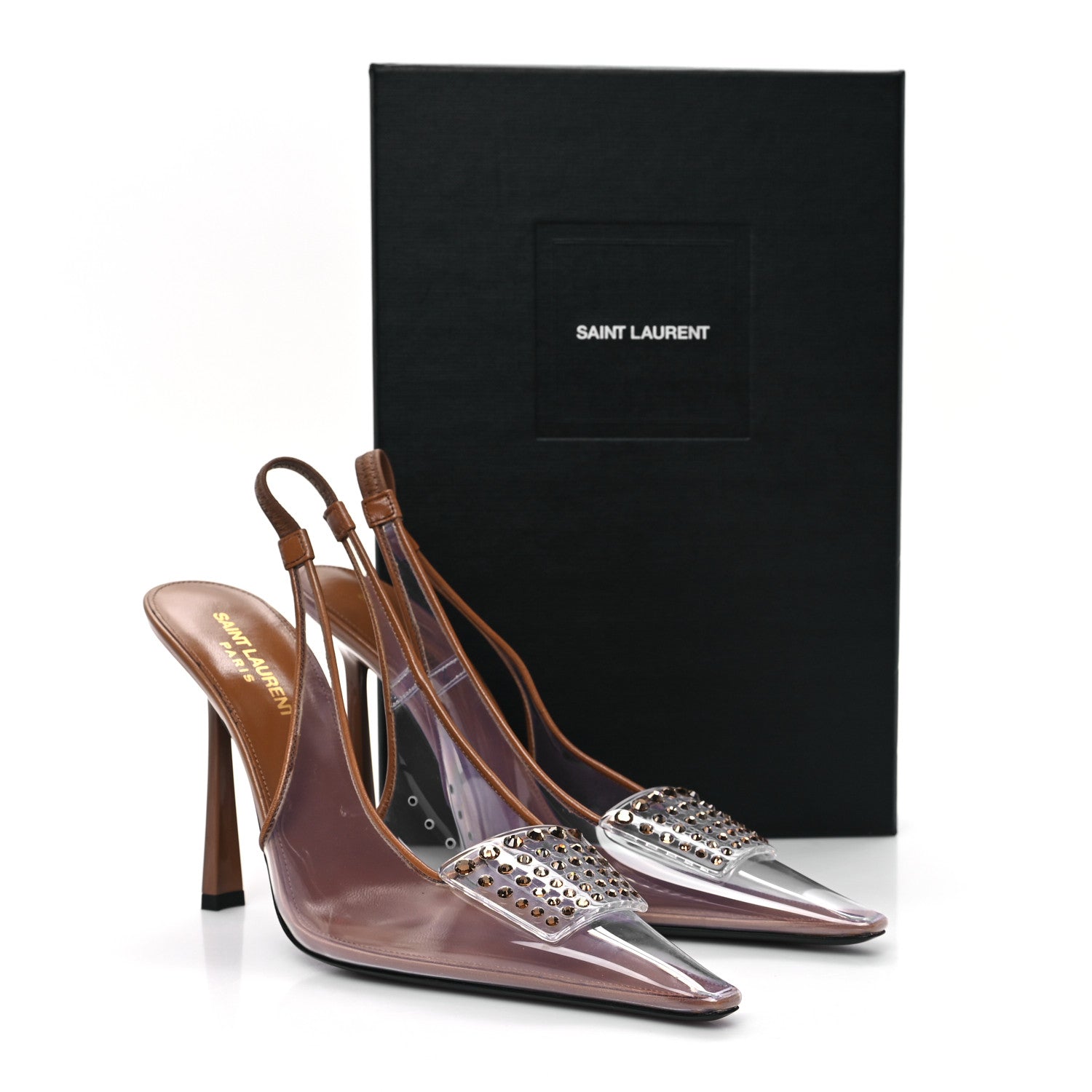 Saint Laurent Calfskin PVC Jive 105 Rhinestone Pump 38.5 Macadamia