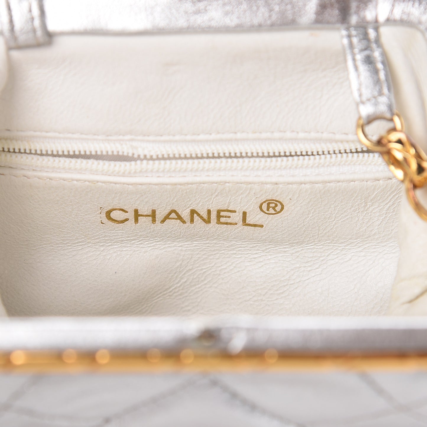 Metallic Lambskin Quilted CC Kiss Lock Evening Clutch Silver