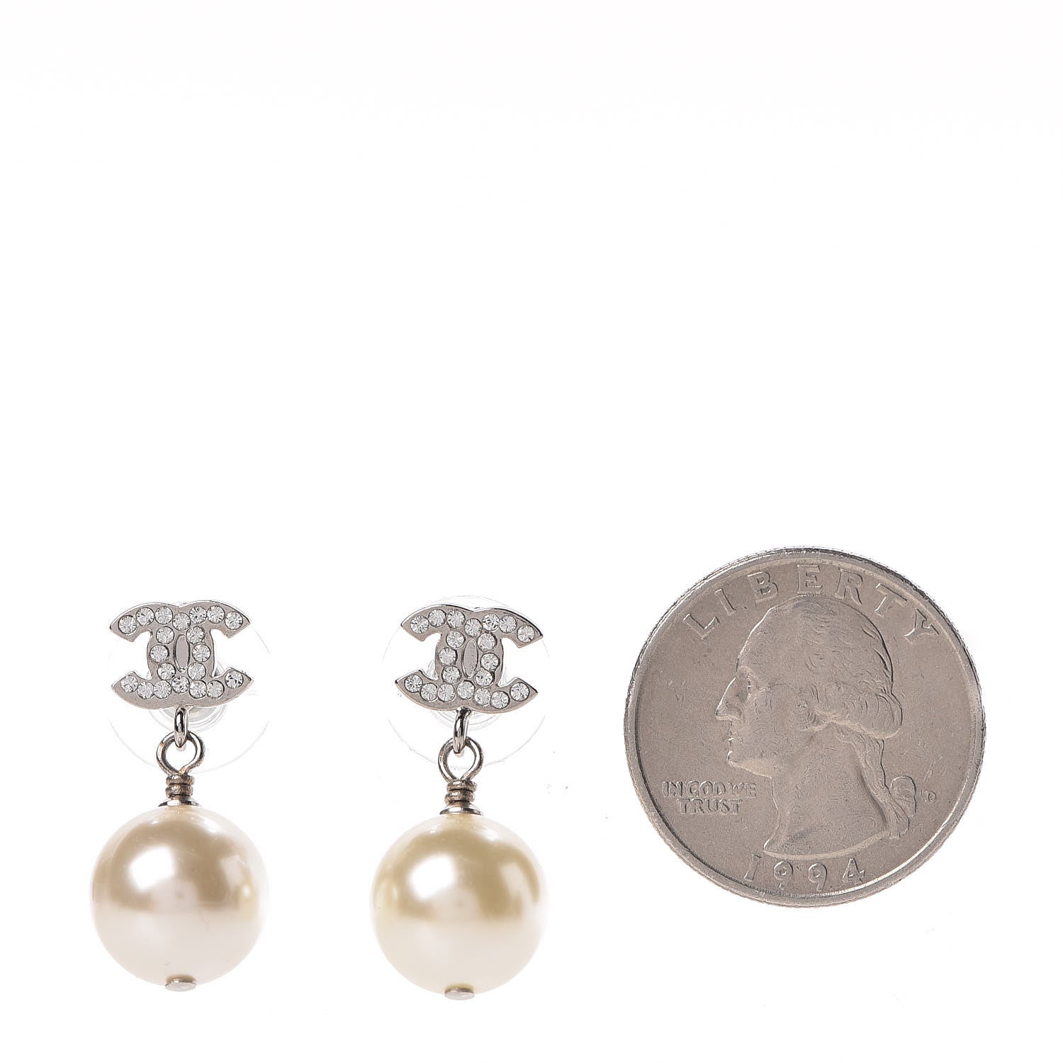 Chanel Crystal Pearl CC Drop Earrings Silver Pearly White 2 of 5