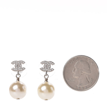 Chanel Crystal Pearl CC Drop Earrings Silver Pearly White 2 of 5