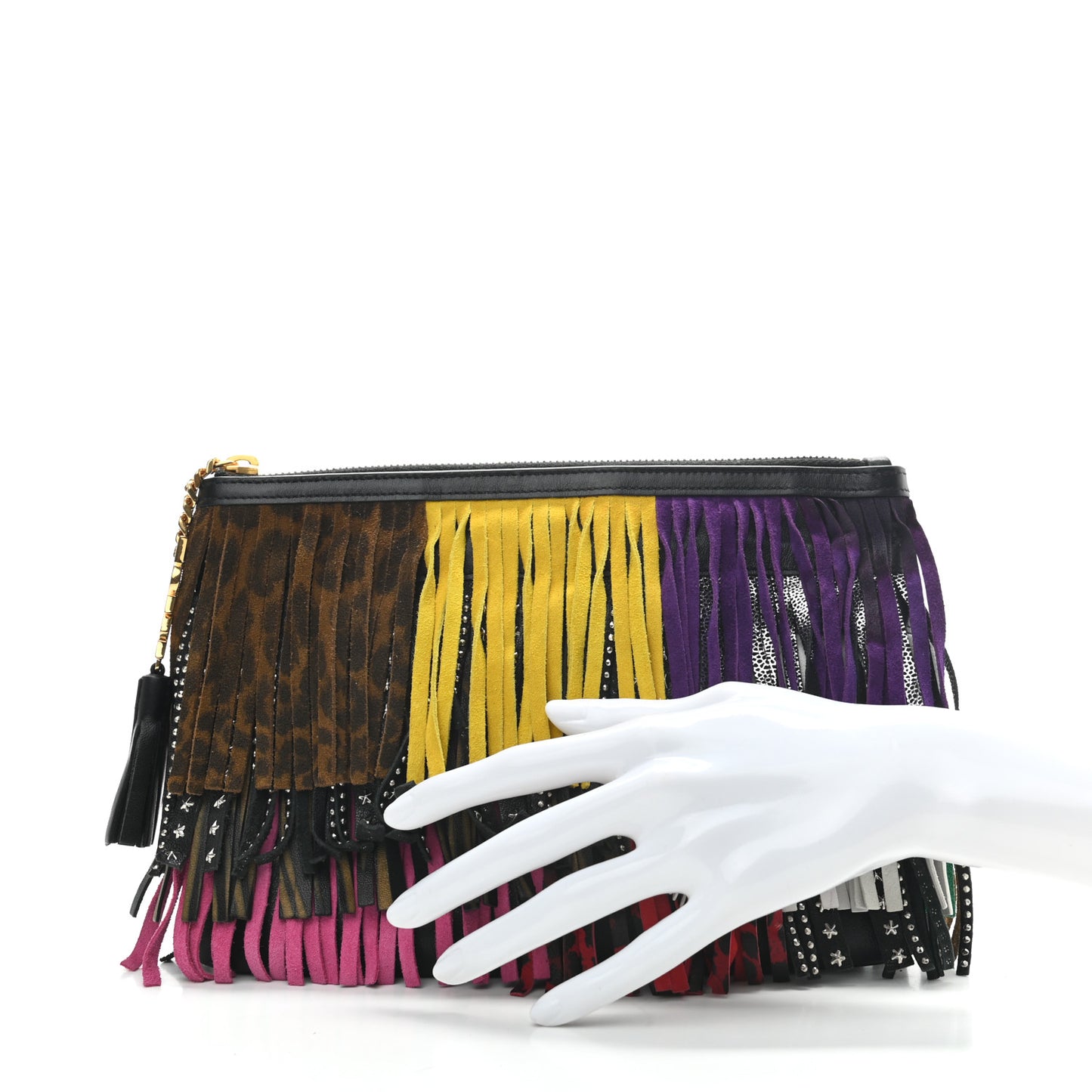Calfskin Studded Printed Fringe Medium Clutch Black Multi