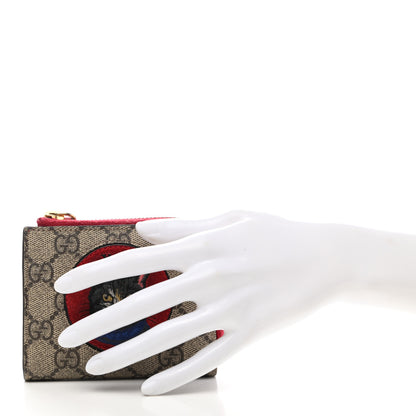 Gucci GG Supreme Monogram Mystic Cat Patch Zip Around Card Case Wallet Beige Hibiscus Red 2 of 8