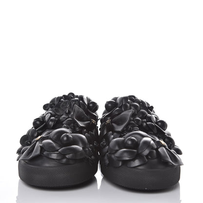 Chanel Calfskin Camellia Slip On Sneakers 37.5 Black 2 of 8