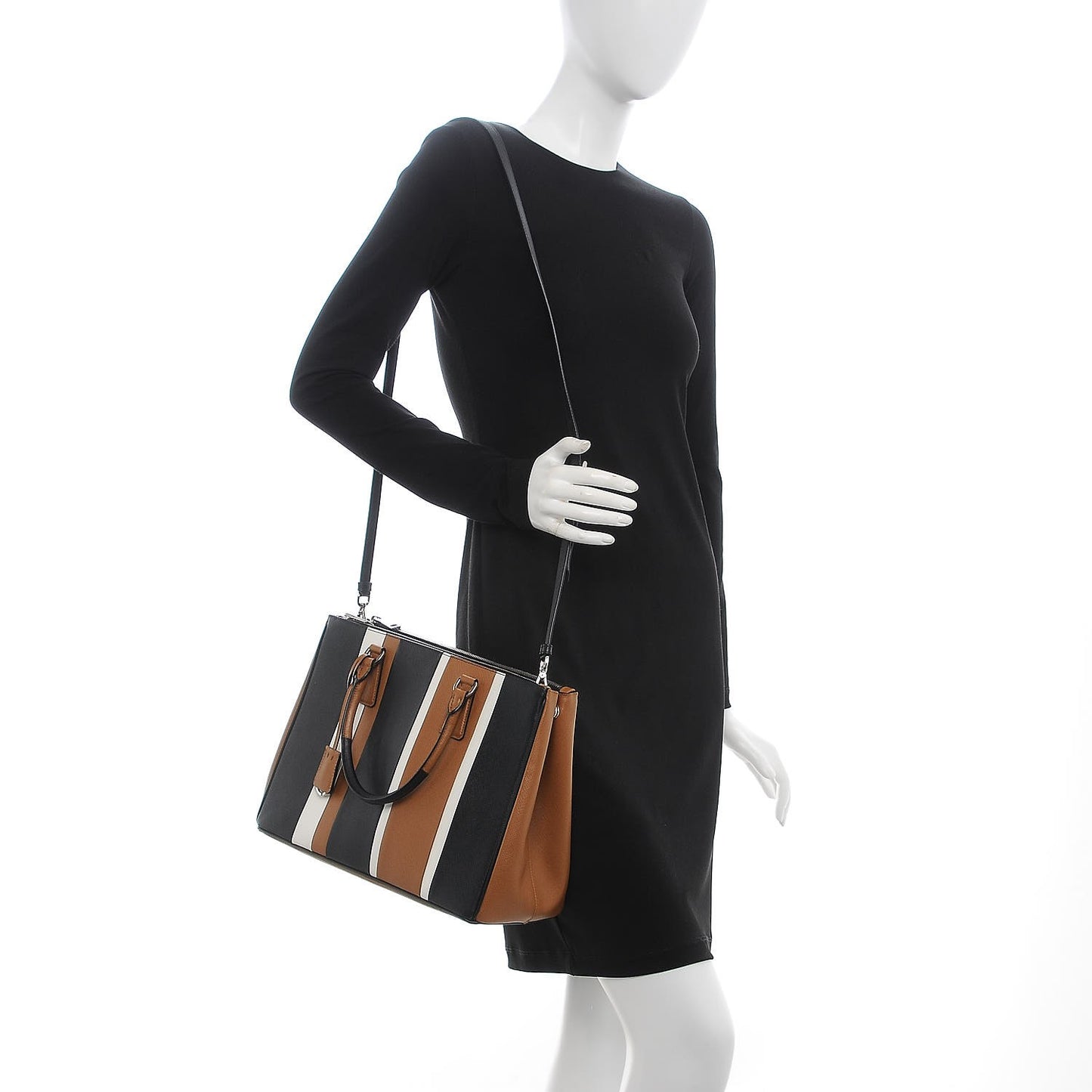 Saffiano Baiadera Striped Medium Galleria Double Zip Tote Caramel Black White