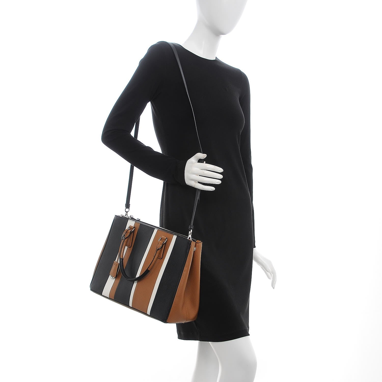 Prada Saffiano Baiadera Striped Medium Galleria Double Zip Tote Caramel Black White 2 of 9