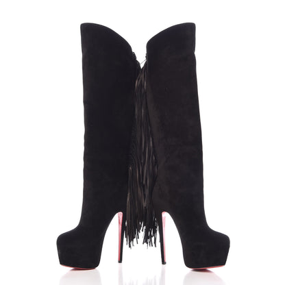 Christian Louboutin Suede Fringe Interlopa 160 Over The Knee Boots 37.5 Black 5 of 12