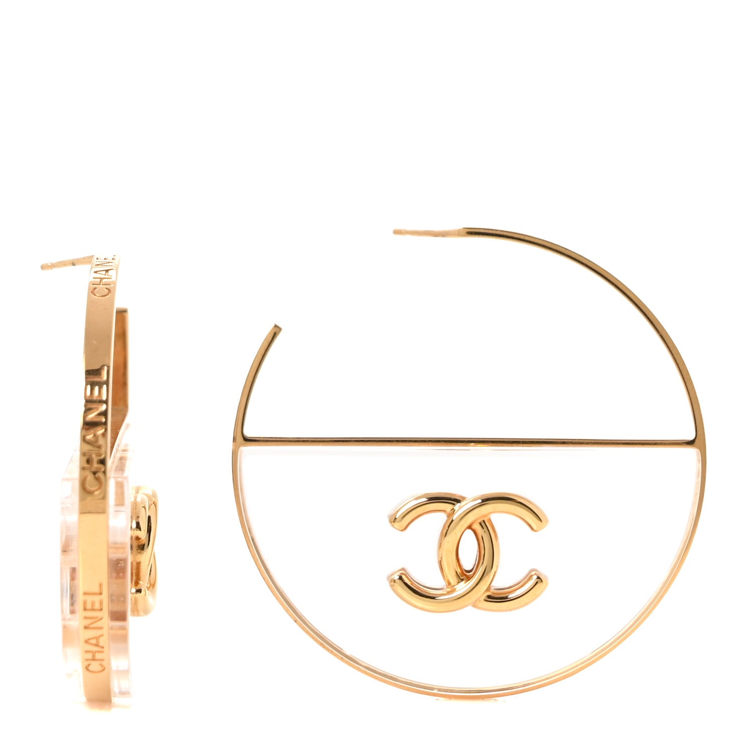 Chanel Metal Transparent Resin CC Hoop Earrings Gold 1 of 5
