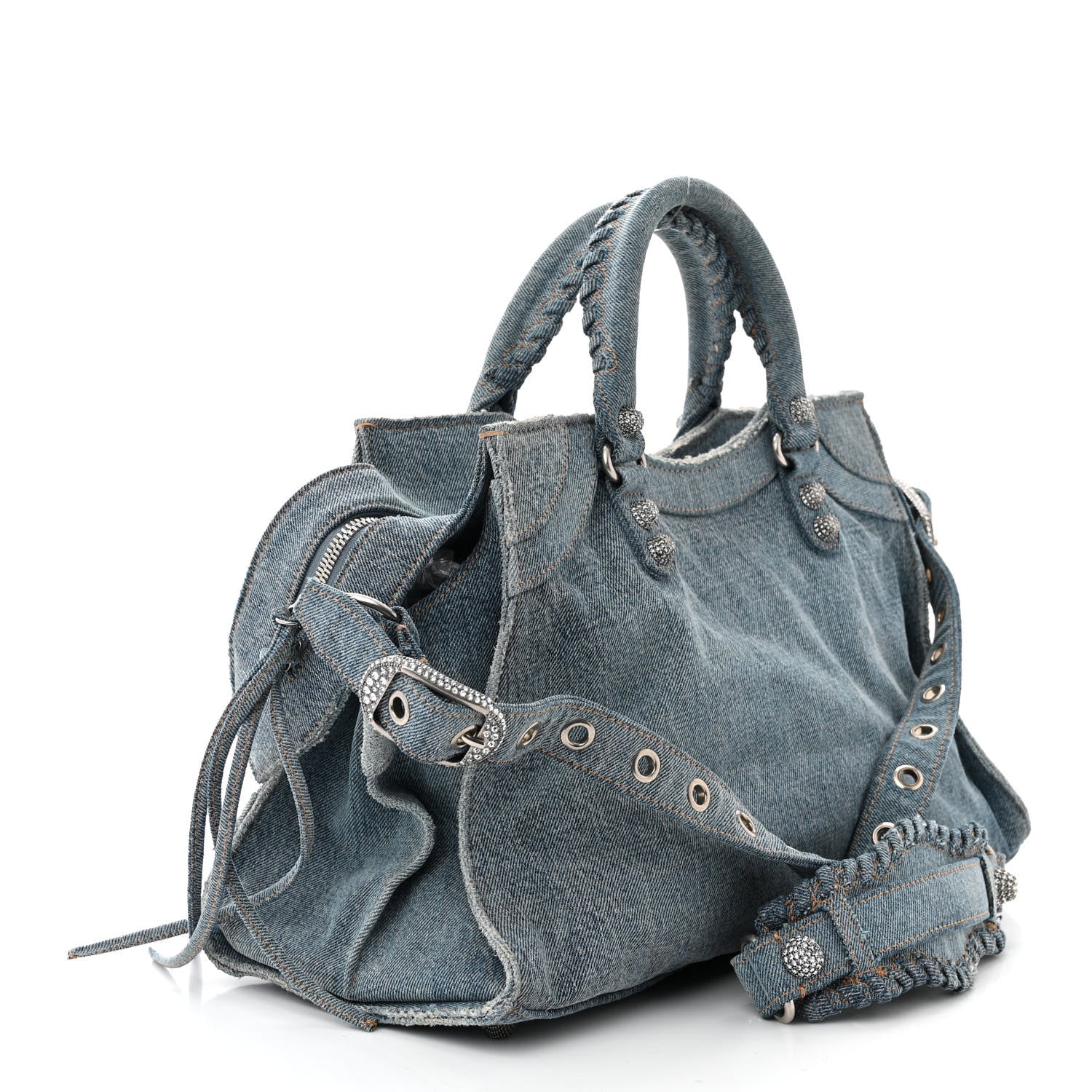 Balenciaga Washed Frayed Denim Crystal Neo Cagole City Handbag