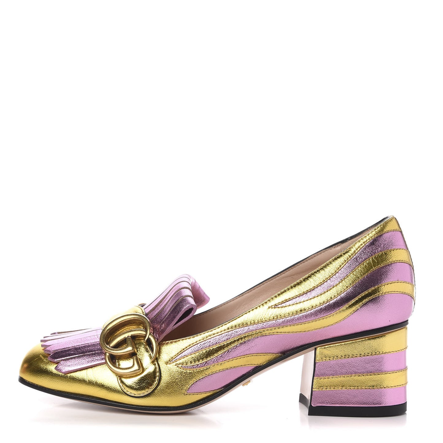 Metallic Nappa Inlay GG Marmont Fringe 50mm Loafer Pumps 35.5 Oro Vecchio Rosa