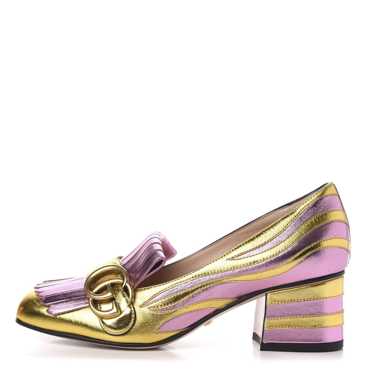 Gucci Metallic Nappa Inlay GG Marmont Fringe 50mm Loafer Pumps 35.5 Oro Vecchio Rosa 1 of 10