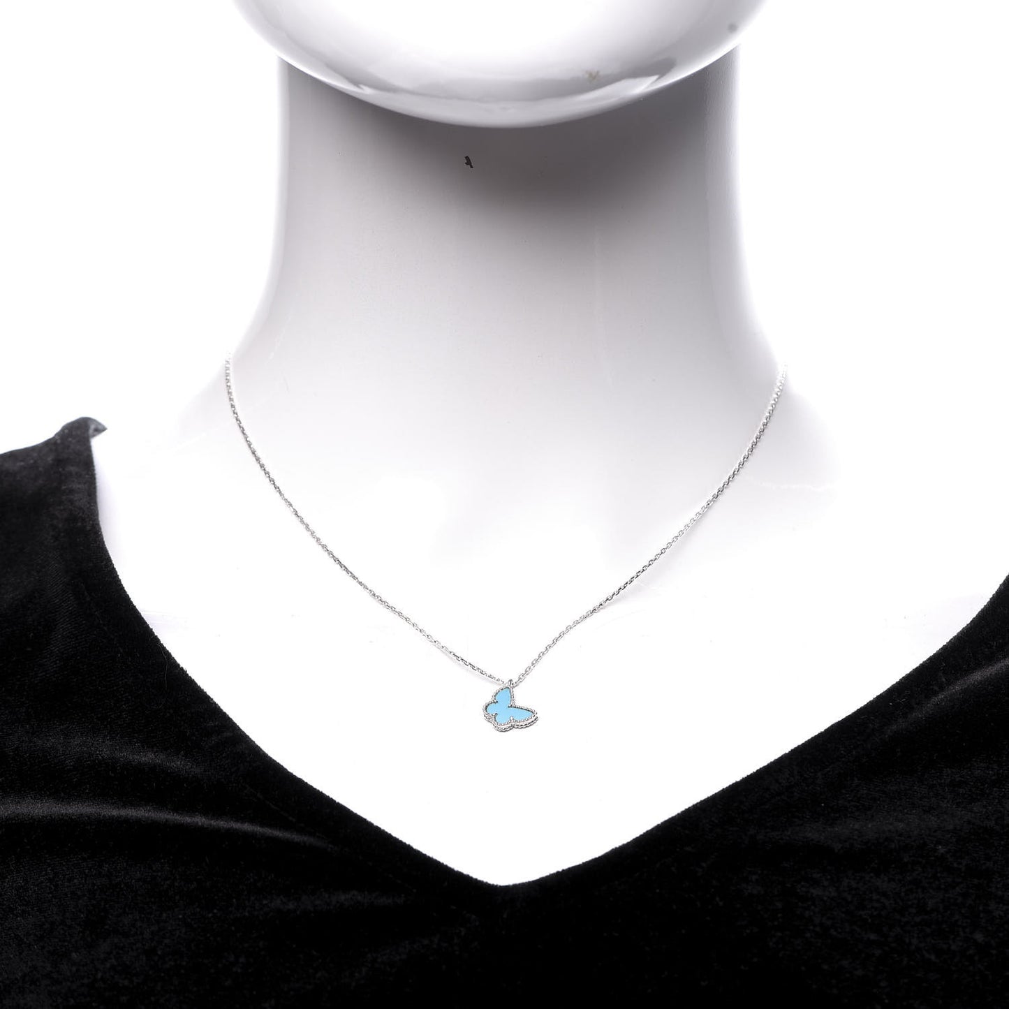 18K White Gold Turquoise Sweet Alhambra Butterfly Pendant Necklace